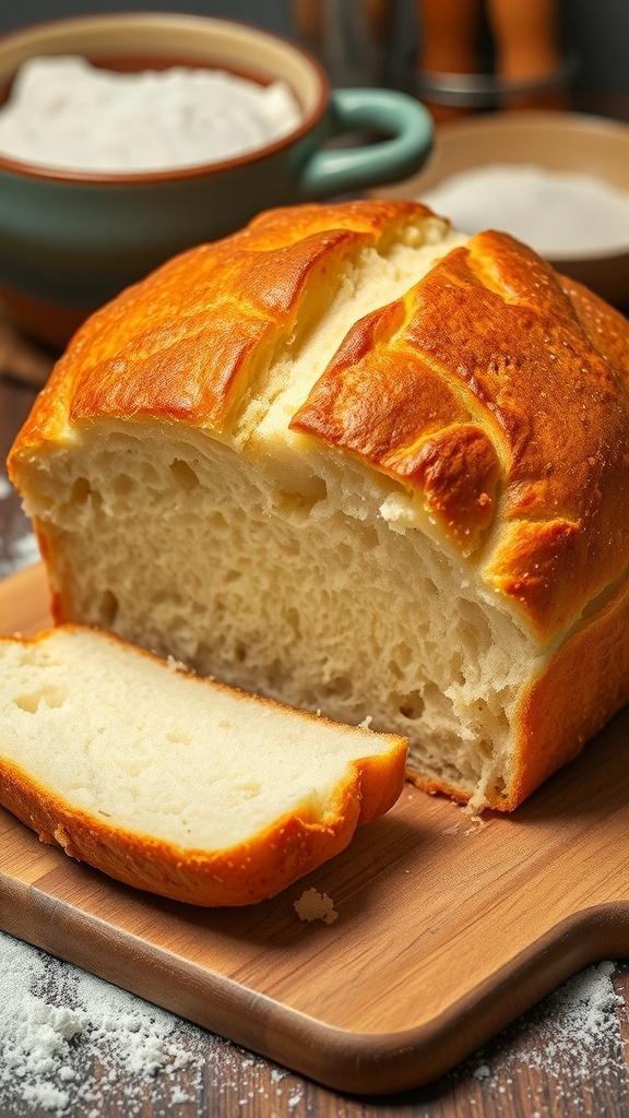 A golden crusty loaf of fluffy bread from a Dutch oven on a wooden board, with slices showing its soft interior.